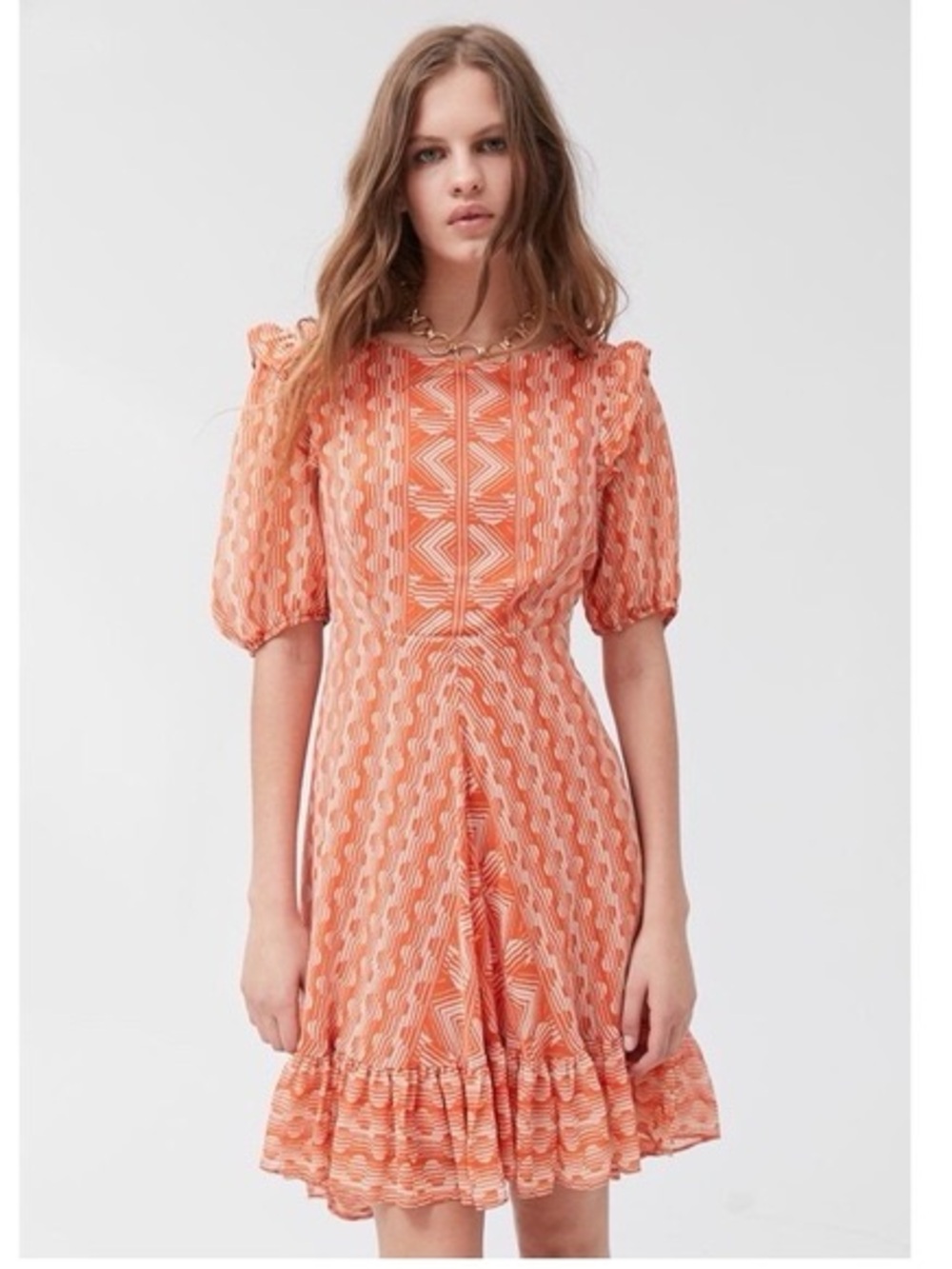 Urban Outfitters Coral-Orange Patterned Puff Sleeve Mini Dress